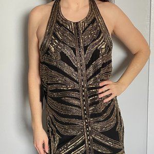 Marciano black cocktail high low dress with gold beading